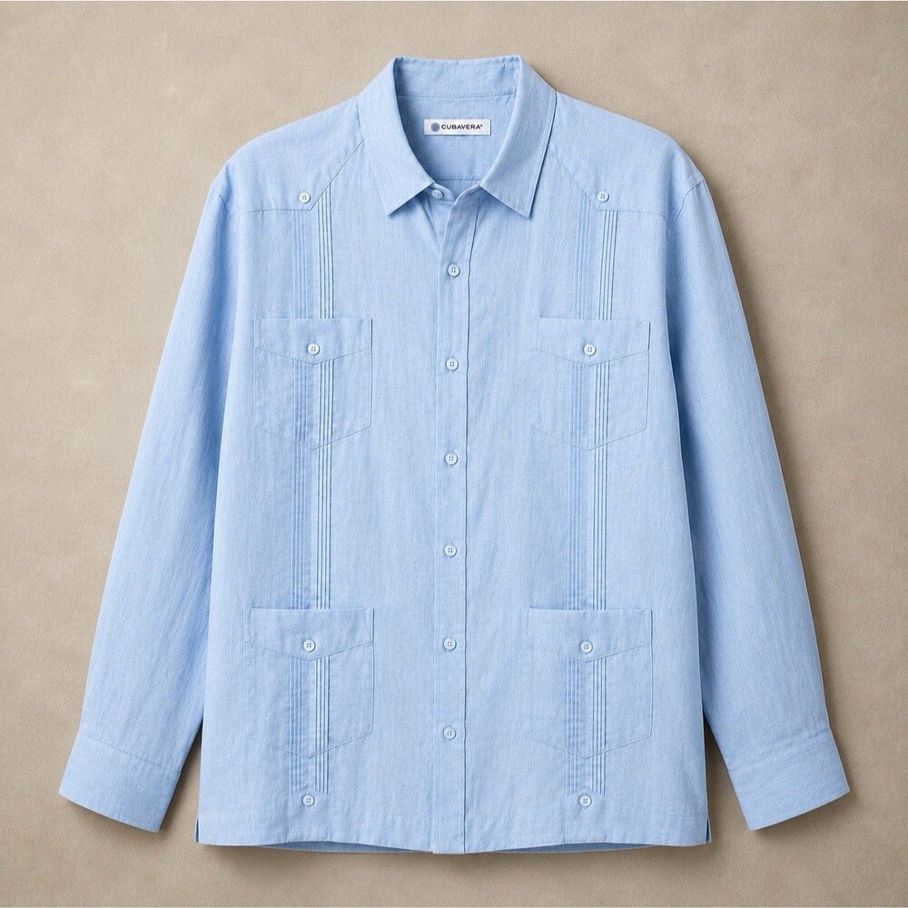 Cubavera  100% Linen Guayabera Shirt Men’s XXL Light Blue Long Sleeve 4 Pocket